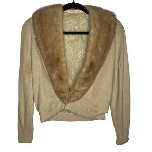Vintage Tan Cardigan Sweater Detachable Fur Collar Lace Lined XS